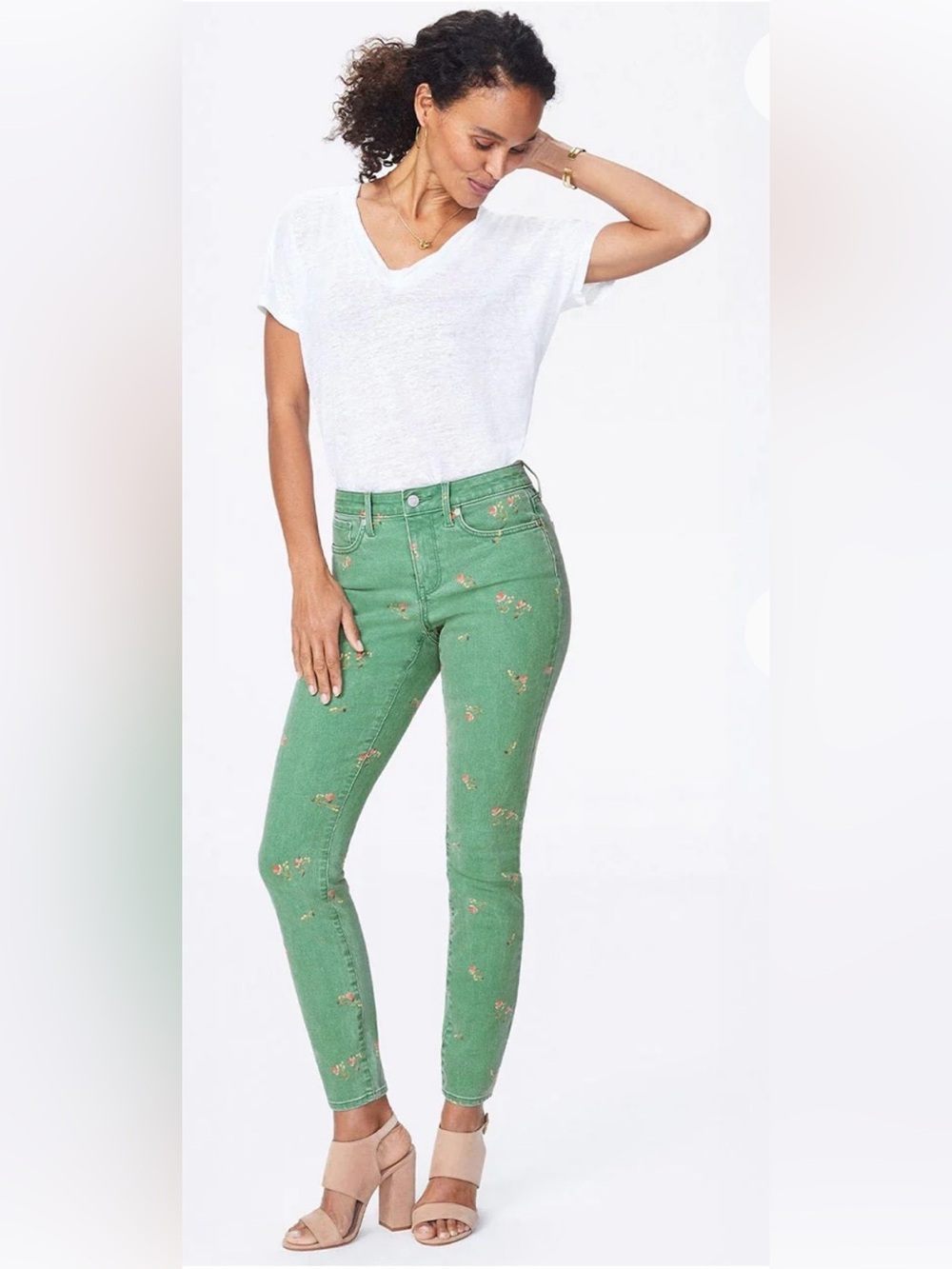 NYDJ Ami Skinny Jeans Green Floral Stretch Pants Size 8 Lift Tuck
